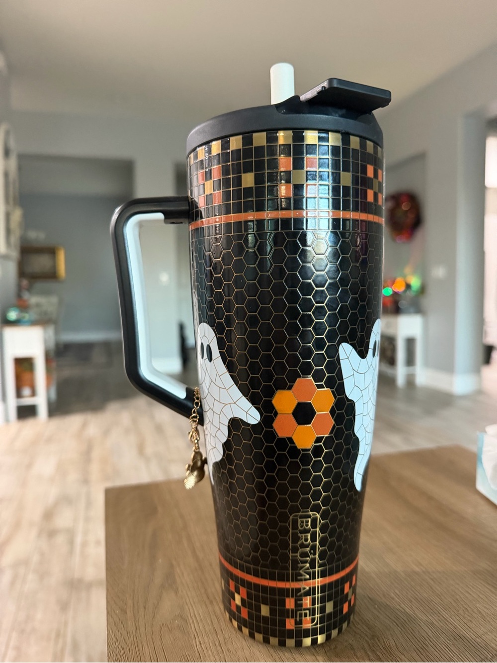 Black Ghost Mosaic Travel Tumbler with Handle